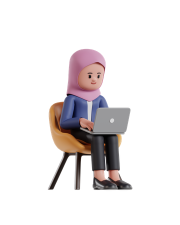 Businesswoman wearing a hijab sitting on a chair and working on a laptop  3D Icon