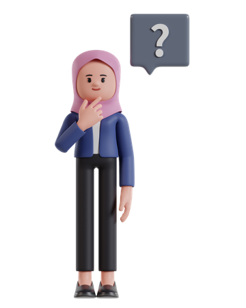 Businesswoman wearing hijab holding chin while thinking with question mark  3D Illustration