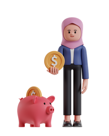 Businesswoman wearing hijab holding coins is saving in piggy bank  3D Illustration