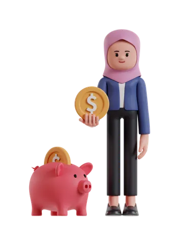 Businesswoman wearing hijab holding coins is saving in piggy bank  3D Illustration