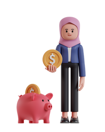 Businesswoman wearing hijab holding coins is saving in piggy bank  3D Icon