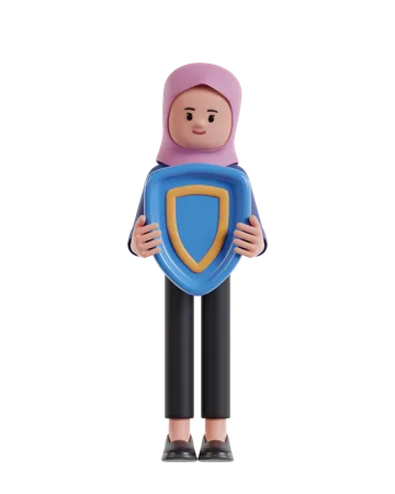 Businesswoman wearing hijab holding protection shield  3D Illustration