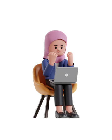 Businesswoman wearing hijab looking at laptop screen while raising his hand in celebration  3D Illustration