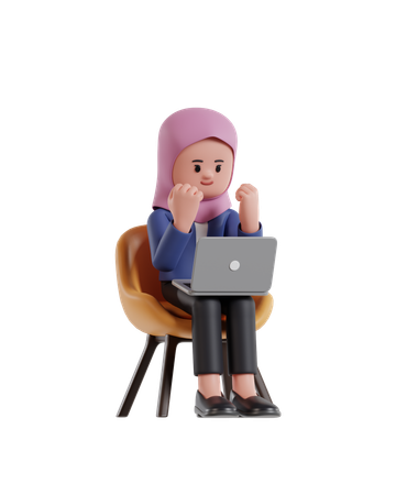 Businesswoman wearing hijab looking at laptop screen while raising his hand in celebration  3D Icon
