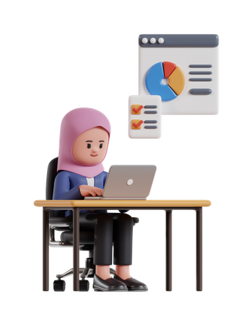 Businesswoman wearing hijab working on laptop at office desk  3D Icon