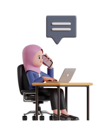 Businesswoman wearing hijab working on laptop while talking on phone  3D Illustration