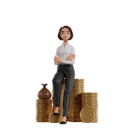 A Business Woman Sitting On A Pile Of Coins And Money Bag Offering Business Capital 3D Illustration