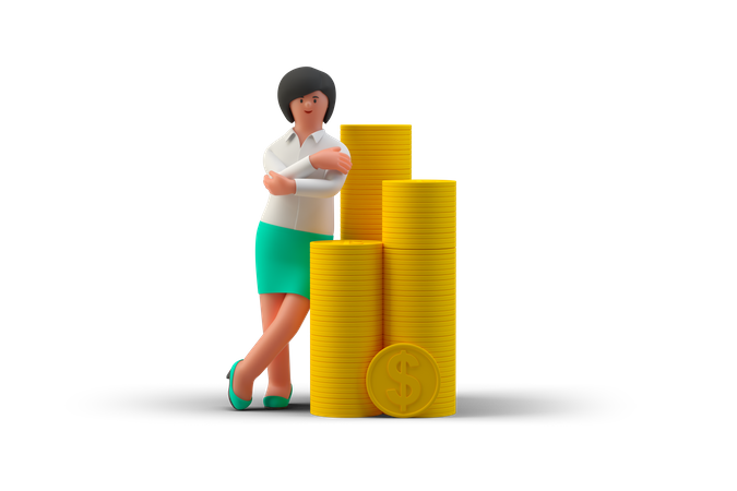 Businesswoman with crossed arms standing next to the dollar coin stack  3D Illustration