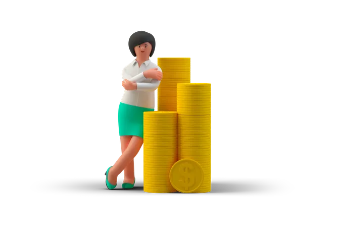 Businesswoman with crossed arms standing next to the dollar coin stack  3D Illustration