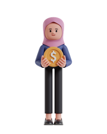 Businesswoman with hijab businesswoman carrying dollar coins  3D Illustration