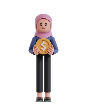 Businesswoman with hijab businesswoman carrying dollar coins  3D Illustration