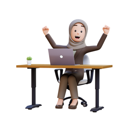 Businesswoman With Hijab Celebrating In Desk With Laptop  3D Illustration