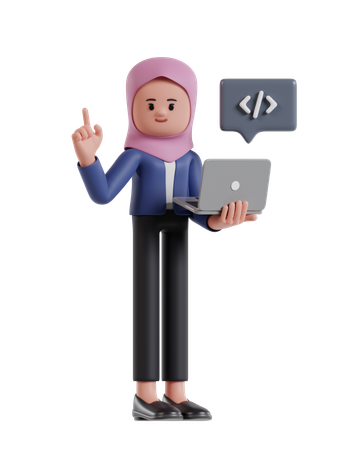 Businesswoman with hijab developing website on laptop  3D Illustration