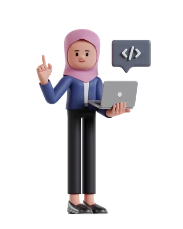 Businesswoman with hijab developing website on laptop  3D Illustration