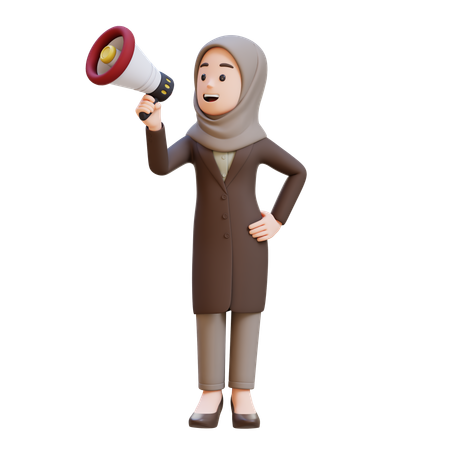 Businesswoman With Hijab Doing Announcement Use Megaphone  3D Illustration