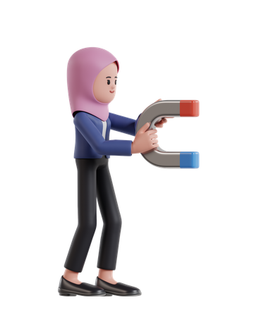 Businesswoman with hijab holding a magnet attracting profits  3D Icon