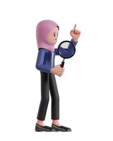 Businesswoman with hijab holding a magnifying glass looking for business solutions  3D Illustration
