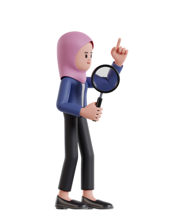 Businesswoman with hijab holding a magnifying glass looking for business solutions  3D Illustration