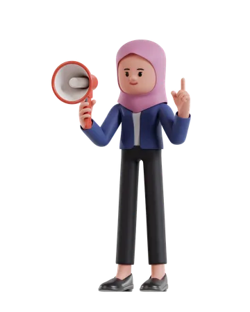 Businesswoman with hijab Holding a Megaphone while raising a finger  3D Illustration