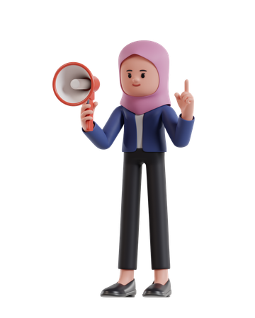 Businesswoman with hijab Holding a Megaphone while raising a finger  3D Icon