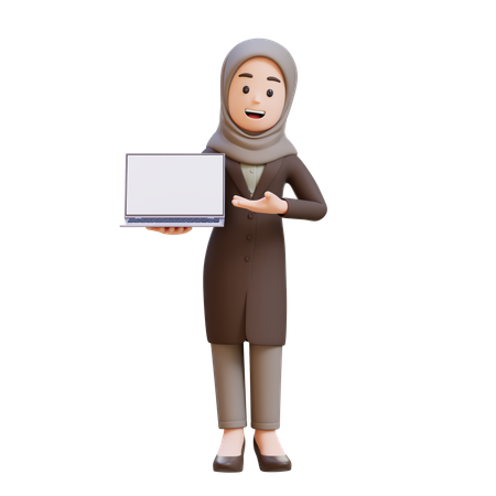 Businesswoman With Hijab Holding And Presenting To Laptop With Empty Screen  3D Illustration