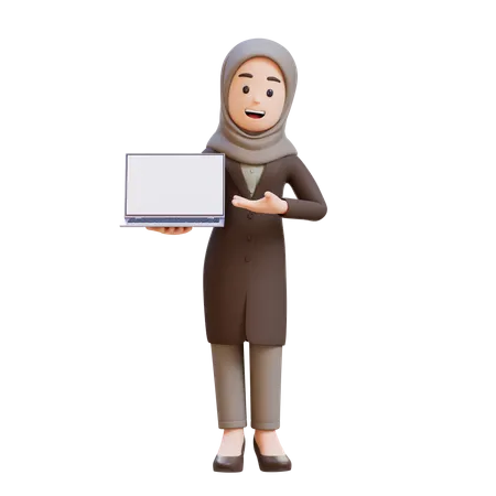 Businesswoman With Hijab Holding And Presenting To Laptop With Empty Screen  3D Illustration