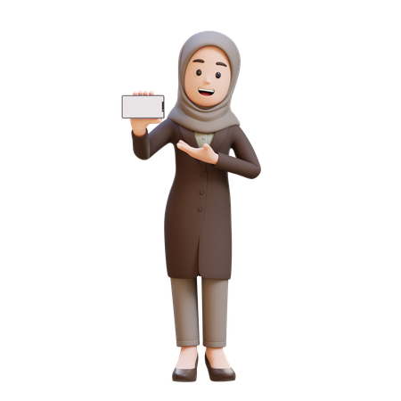Businesswoman With Hijab Holding And Presenting To Smart Phone With Empty Screen  3D Illustration