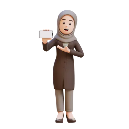 Businesswoman With Hijab Holding And Presenting To Smart Phone With Empty Screen  3D Illustration