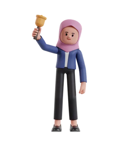 Businesswoman with hijab holding bell to remind  3D Illustration
