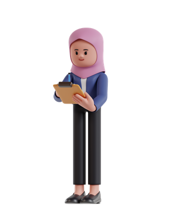 Businesswoman with hijab holding clipboard and writing with pencil  3D Illustration
