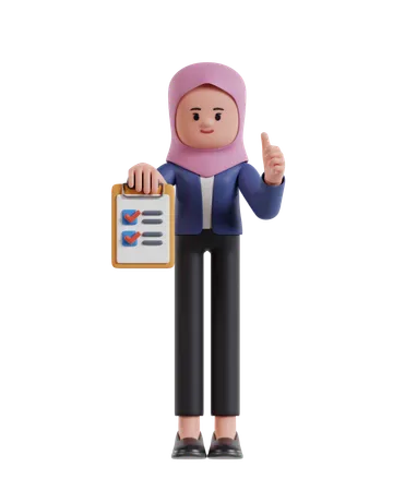 Businesswoman with hijab holding clipboard completing task with checklist  3D Illustration