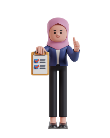 Businesswoman with hijab holding clipboard completing task with checklist  3D Icon