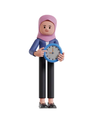 Businesswoman with hijab holding clock  3D Illustration