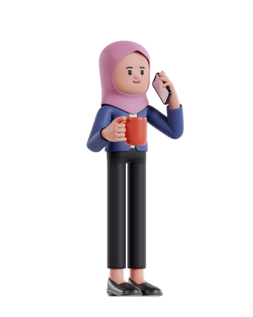 Businesswoman with hijab holding coffee cup and talking on cell phone  3D Icon