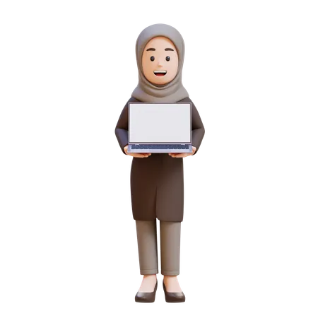 Businesswoman With Hijab Holding Laptop  3D Illustration