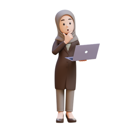Businesswoman With Hijab Holding Laptop And Thinking  3D Icon