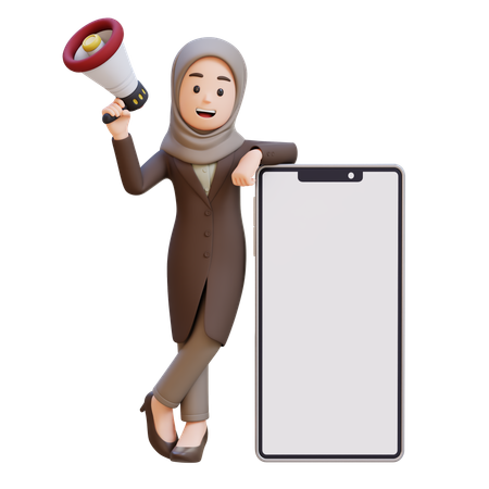 メガホンを持ち、大きな携帯電話の隣に立つヒジャブをかぶったビジネスウーマン  3D Icon