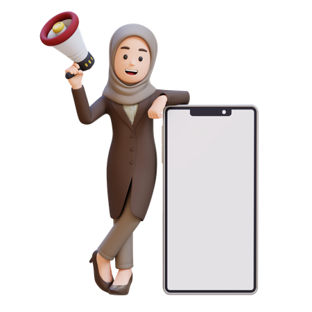 Businesswoman With Hijab Holding Megaphone And Standing Next To Big Cell Phone  3D Icon