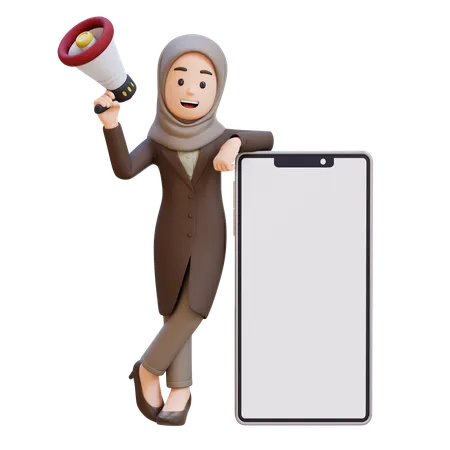 Businesswoman With Hijab Holding Megaphone And Standing Next To Big Cell Phone  3D Illustration