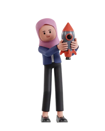Businesswoman with hijab holding rocket for business start up  3D Illustration