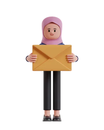 Businesswoman with hijab holding yellow envelope  3D Illustration