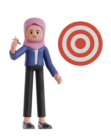 Businesswoman with hijab is aiming at target with darts  3D Illustration
