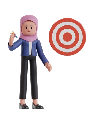 Businesswoman with hijab is aiming at target with darts  3D Illustration