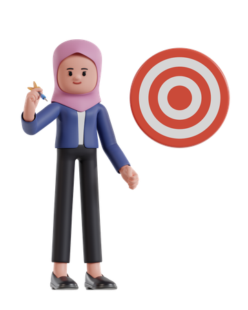 Businesswoman with hijab is aiming at target with darts  3D Icon