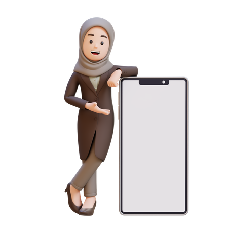 Businesswoman With Hijab Laying And Presenting On Big Smart Phone With Empty Screen  3D Icon