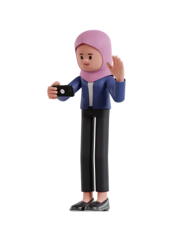 Businesswoman with hijab making a video call with a smartphone  3D Illustration