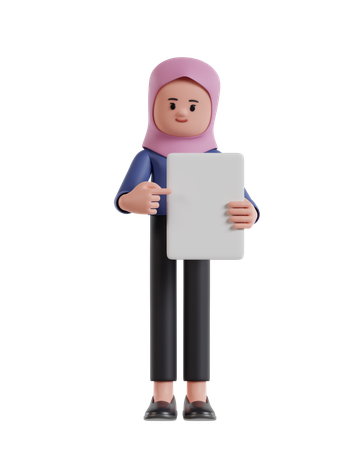 Businesswoman with hijab pointing at blank white paper  3D Illustration