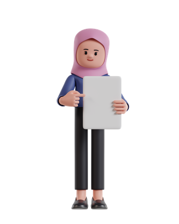 Businesswoman with hijab pointing at blank white paper  3D Icon