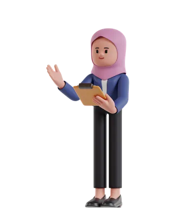 Businesswoman with hijab presenting while holding clipboard  3D Illustration