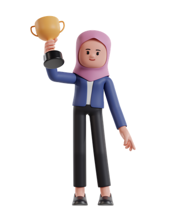Businesswoman with hijab raises trophy with right hand  3D Illustration